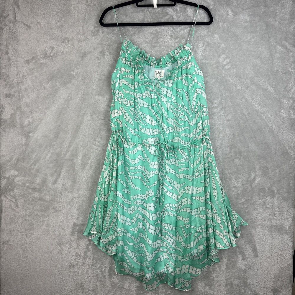 Milly of NY Sun Dress Women's Size 10 Aqua Silk Floral Flouncy Tie Neck Waist
